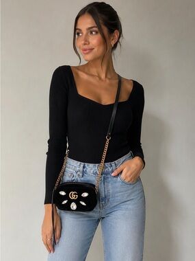 Gucci GG Marmont Velvet Crystal Embellished crossbody Bag in Black & Gold w/COA